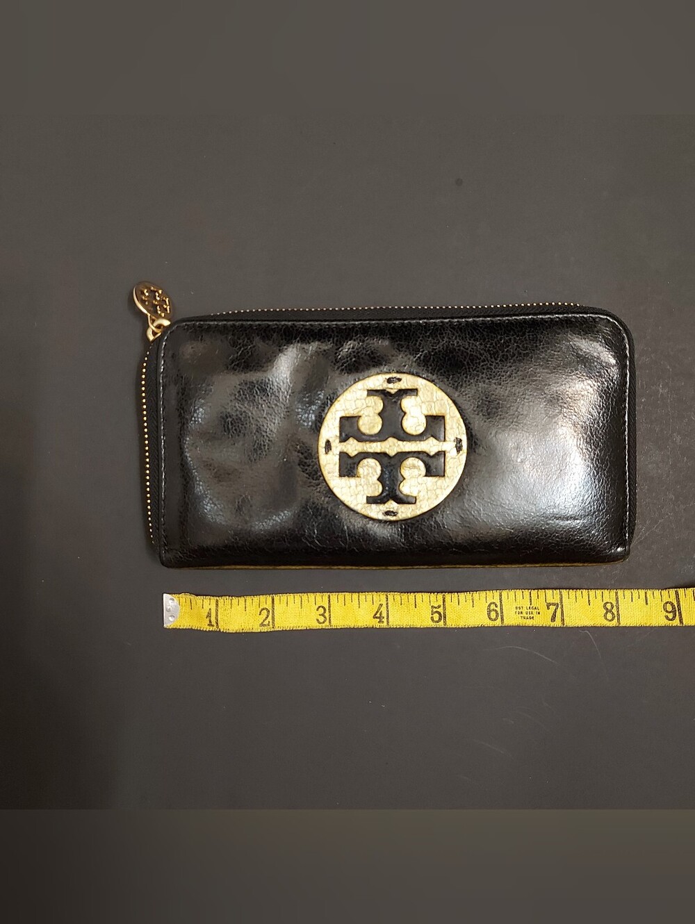 Tory Burch Black Patent Zip Wallet with Gold Logo